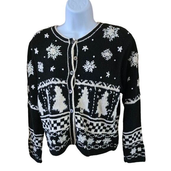Black & White Snowflake Pattern Cardigan Sweater With Christmas Trees cozy warm - Picture 1 of 12